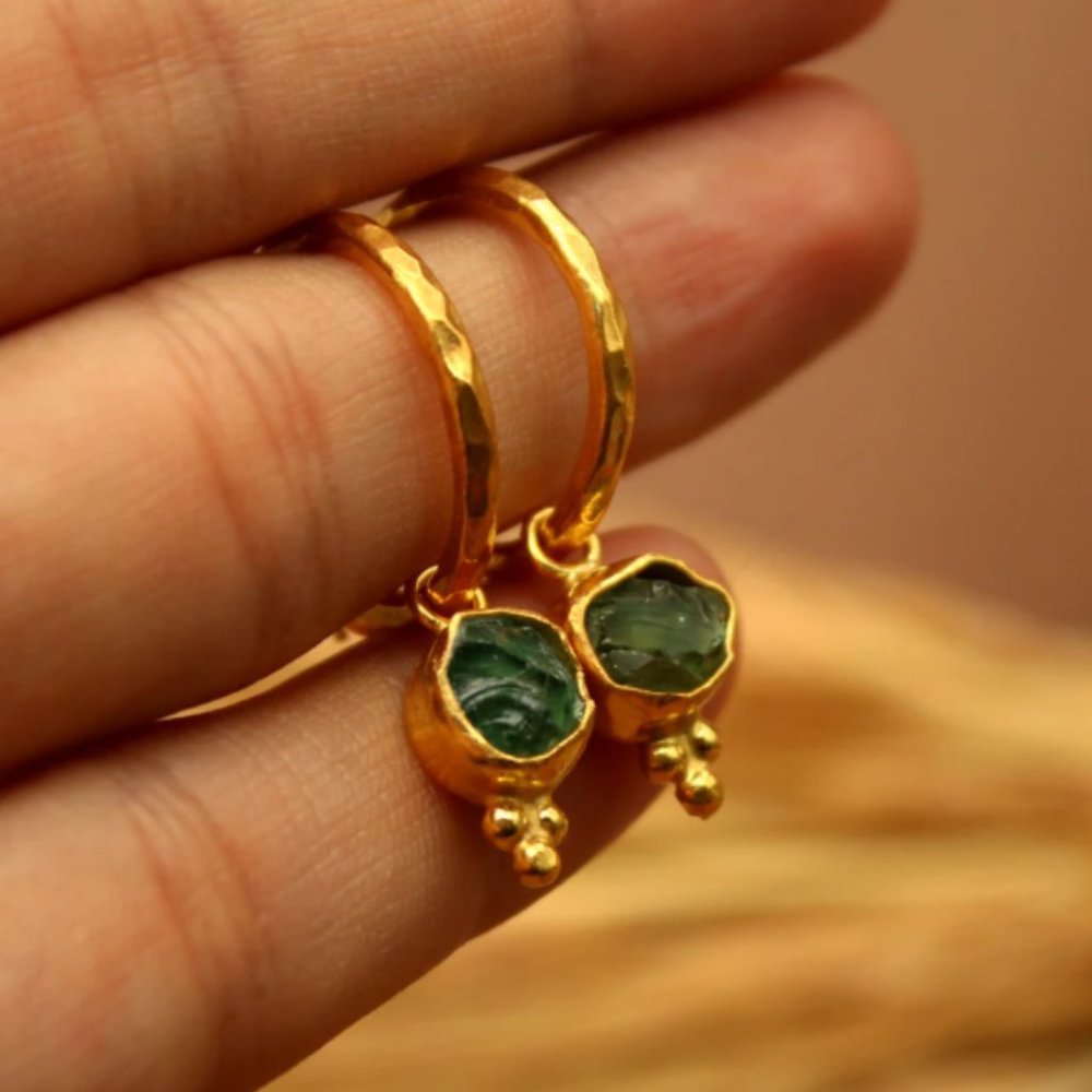 Green Apatite Gemstone Earrings Sterling Silver Hoop Stone Dangle gold etsy
